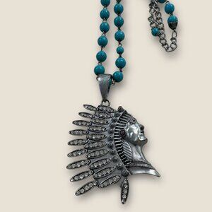 Indian Chief Pendant Necklace With Faux Turquoise Beads & Rhinestones 28-32 Inch